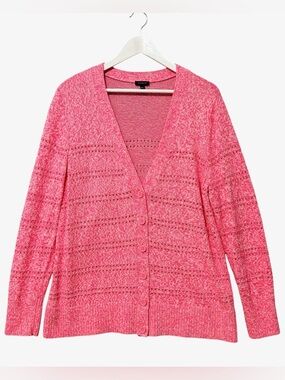 Talbots Eyelet Button Up Cardigan Sweater Size Large Pink White Marl 100% Cotton